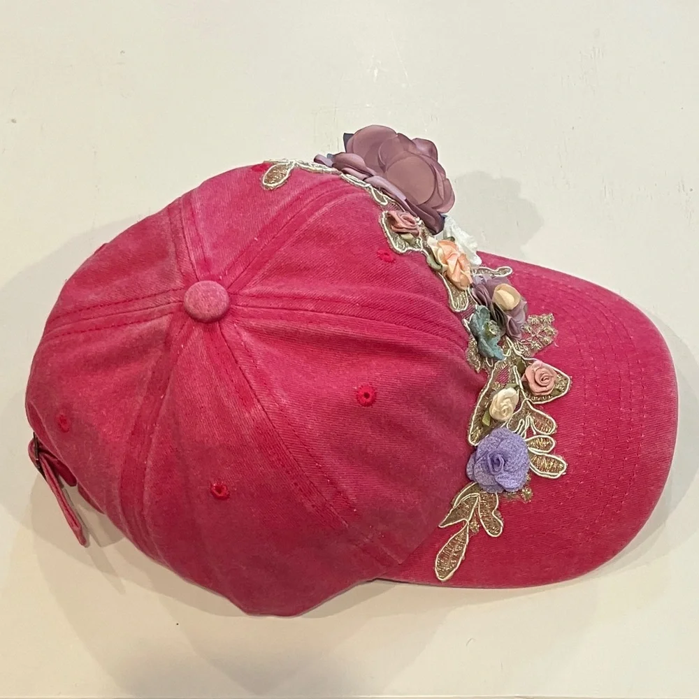 Floral Embellished Pink Baseball Cap